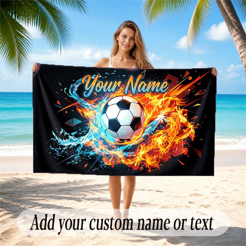 Soccer Theme Beach Towel Personalized Custom Name & Text Soft Quick Dry Beach Towel for Swimming Travel