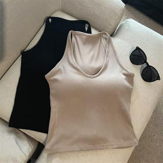 Dame V-hals Halter Polstrede Tanktoppe Ribbet Dobbeltforede Ærmeløse Basis Skjorter med Indbygget BH Sommer Sexede Gå-ud Toppe