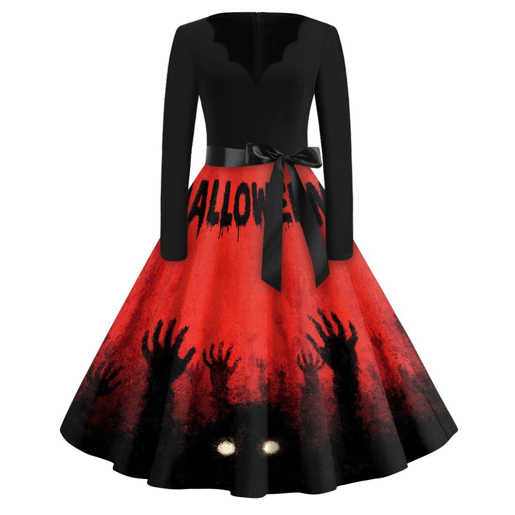 Womens Casual V Neck Halloween Print Vintage Dress Long Sleeve Retro Fit and Flare Midi Dress with Waist Tie Belt