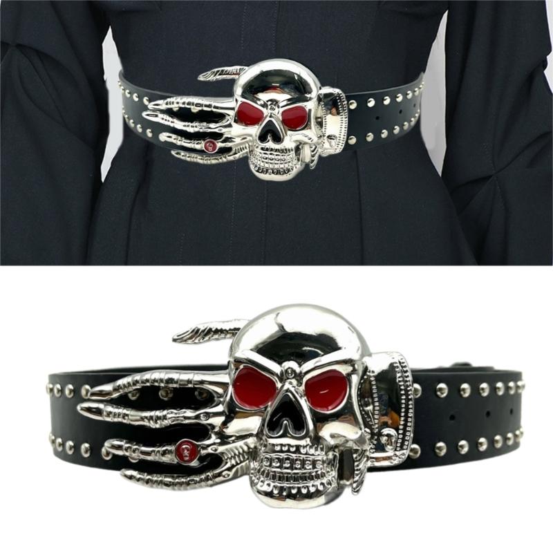 Women Jeans Belt Studded Western Punk Belt Impressive Gothic Rivets Skull