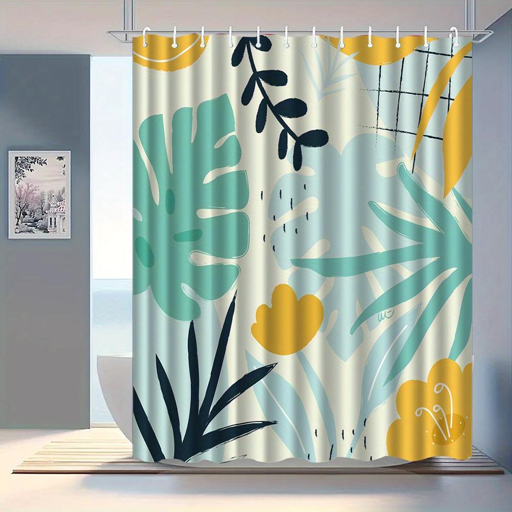 1Pc Leaf And Floral Patterned Shower Curtain With Hooks, Machine Washable Polyester, Suitable For Bathroom Dcor.
