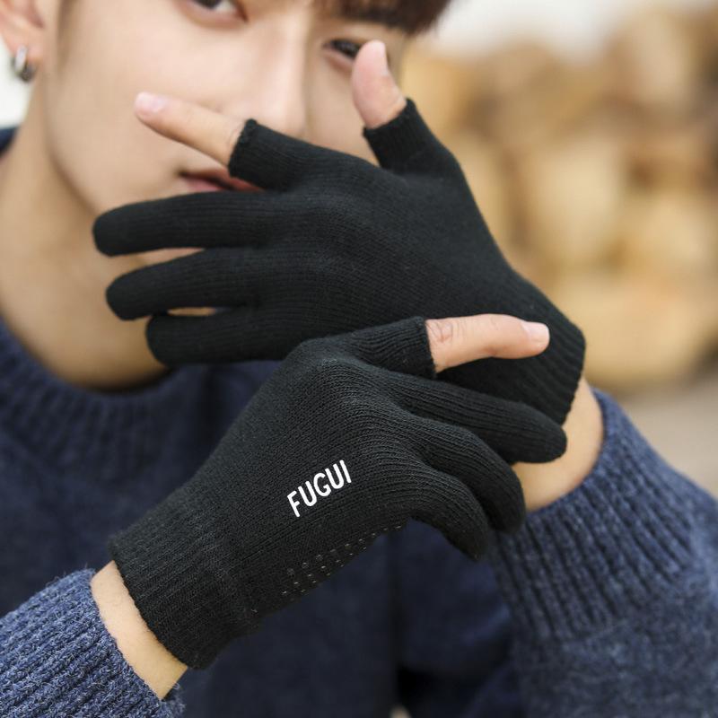 Half-finger Men's Gloves Autumn and Winter Dew Two-finger Thickened Warm Touch Screen Plush Wool Cold-proof Outdoor Cycling Knitting