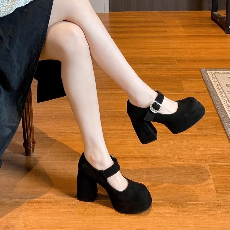 French small high-heeled Mary Jane shoes Hepburn black small man platform small leather shoes with skirt high heels 2025