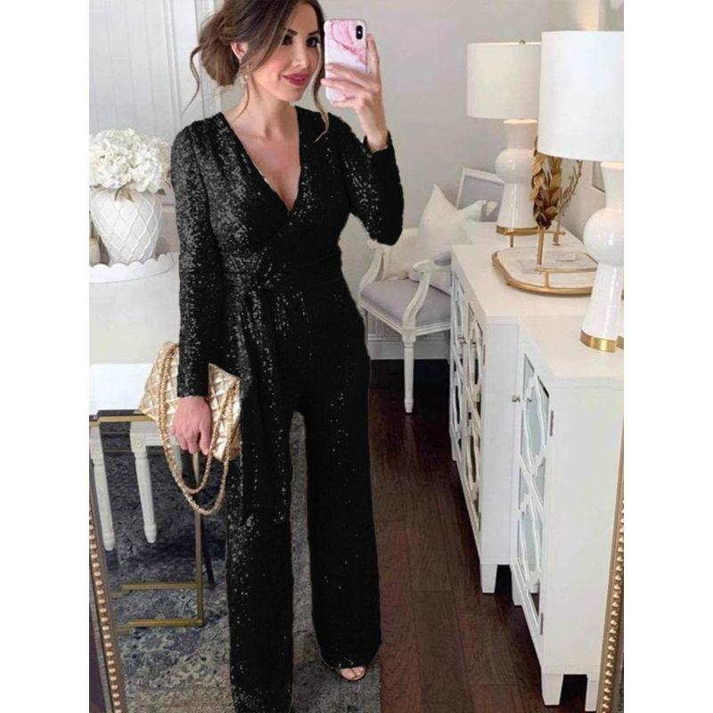 V-neck Long sleeve Shiny Crystal Sequin Waist Hugging Jumpsuit Formal Dress Women V-Neck Jumpsuit Pants Women