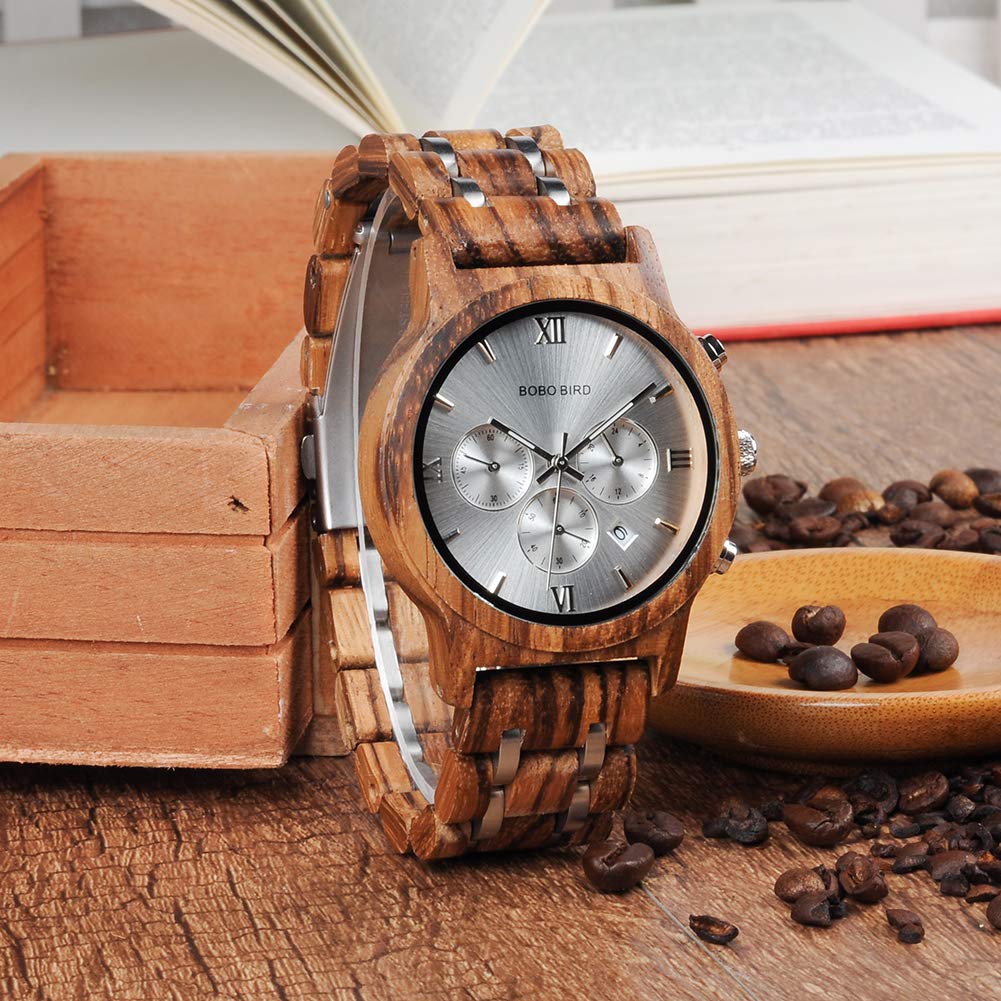 BOBO Bird Wood Watch Luxury Wood Metal Strap Chronograph Date Display Quartz Watch Versatile Watch Metal White Men's Men's