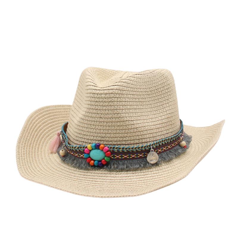 Cowboy Straw Hat Women's Summer Travel Sun Protection Visor Year New Ethnic Style Jazz Hat Big Brim Beach Hat