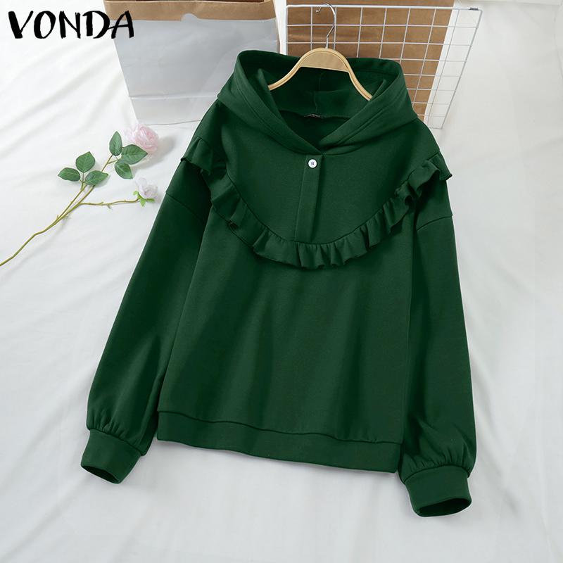 VONDA Women Long Sleeve Ruffled Solid Color Hooded Sweatshirts