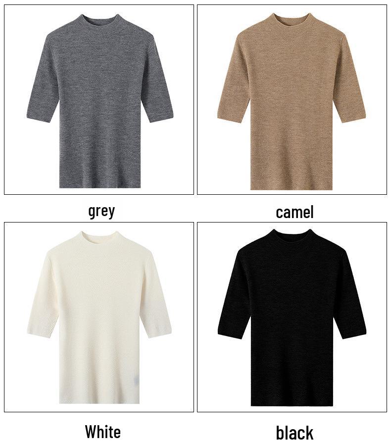 Yangzi 100% Wool Half-High Neck Knit Top, Women's Five-Point Sleeve Sweater - Early Autumn 2026