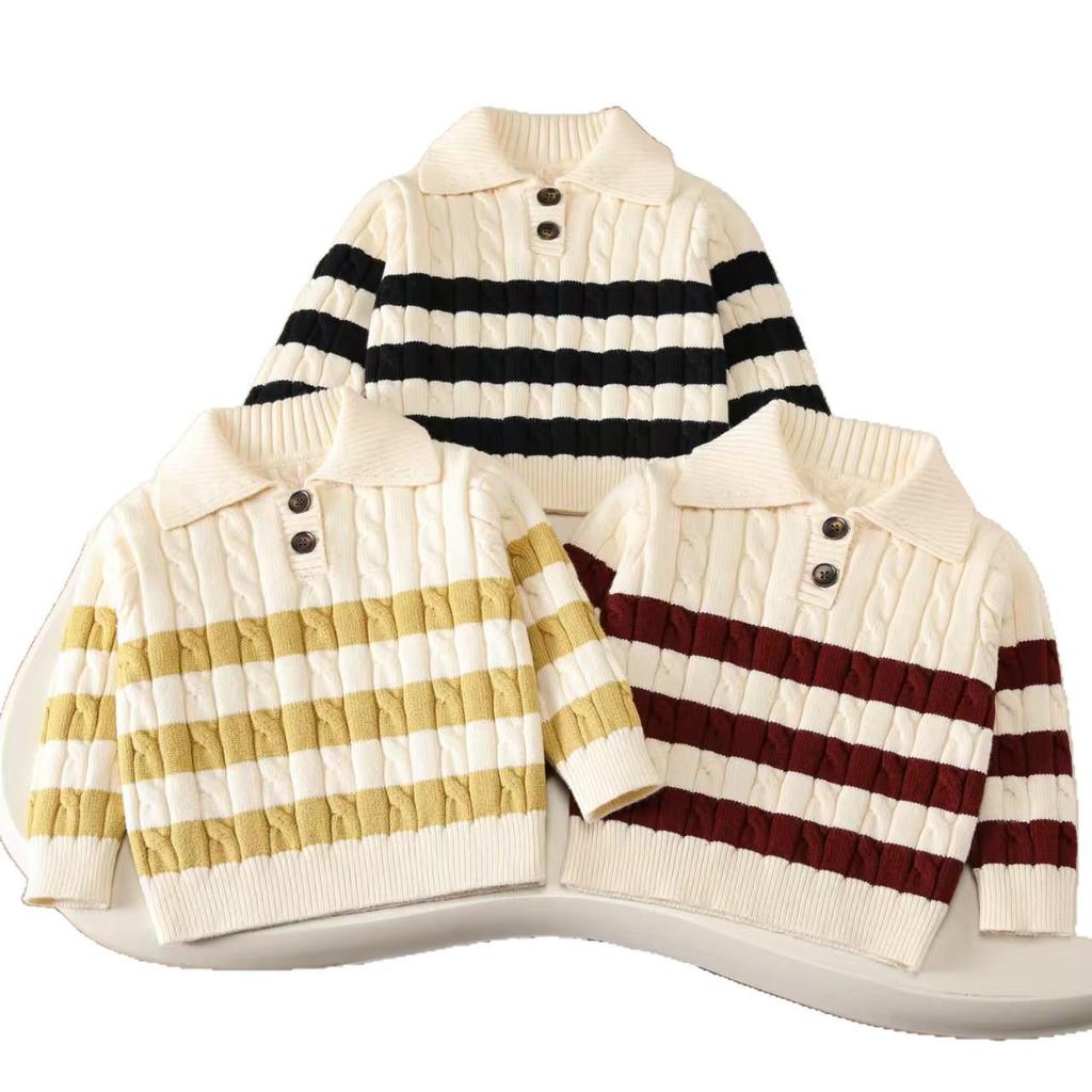 Infant Striped Polo Collar Sweater - Cable Knit Pullover for Babies