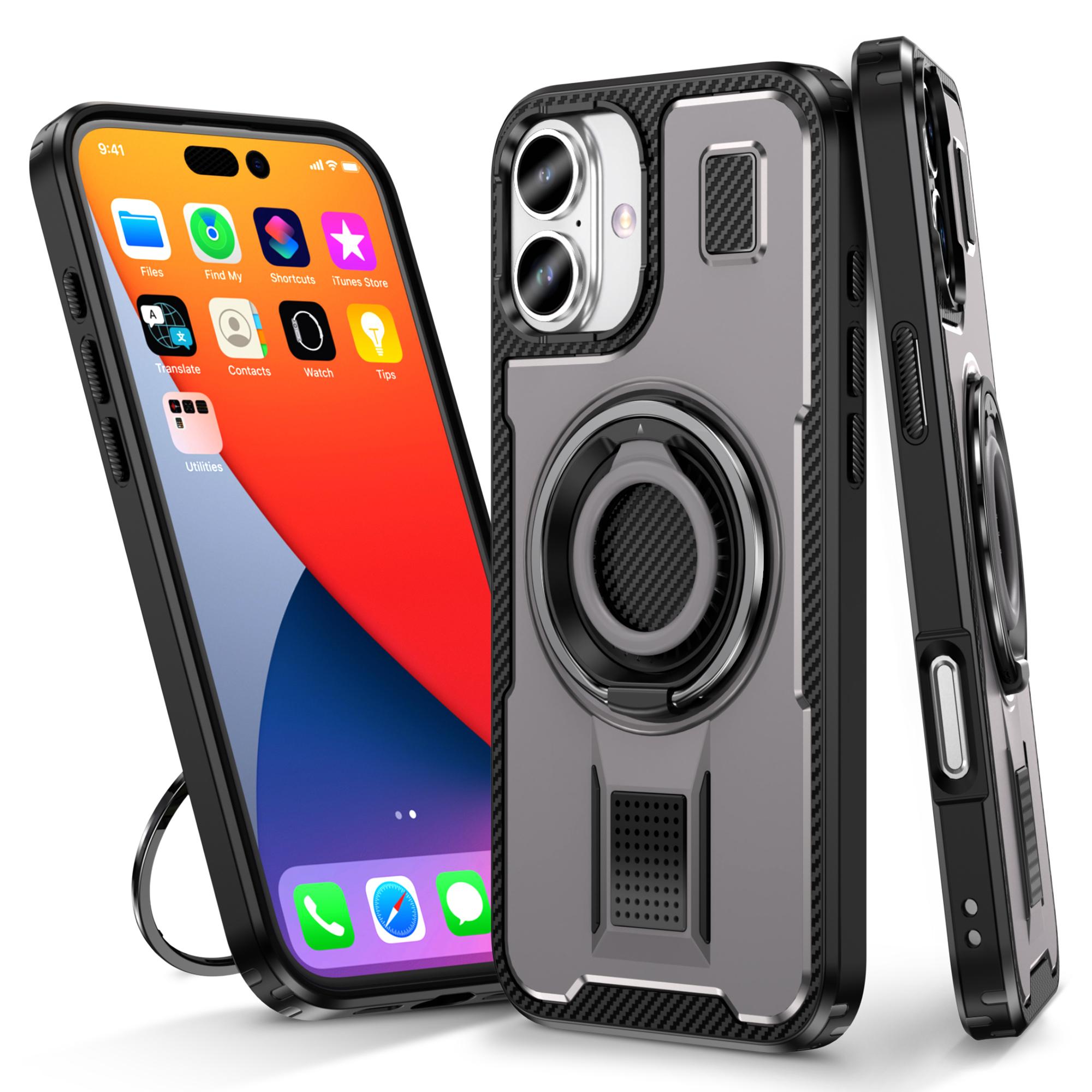 

For iPhone 16 Plus Case TPU+PC Kickstand Phone Cover with Silicone Finger Strap Grey
