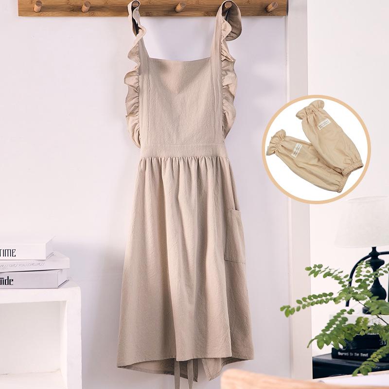 Lotus Leaf Lace Cotton Linen Apron with Printable Logo - Japanese Korean Style for Kitchen or Cafe Use