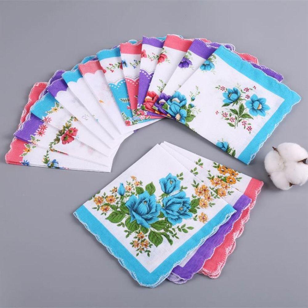 12Pcs 28x28cm Women's Printed Handkerchiefs Sweat Absorbent Thin Sweat Towel  Nostalgic