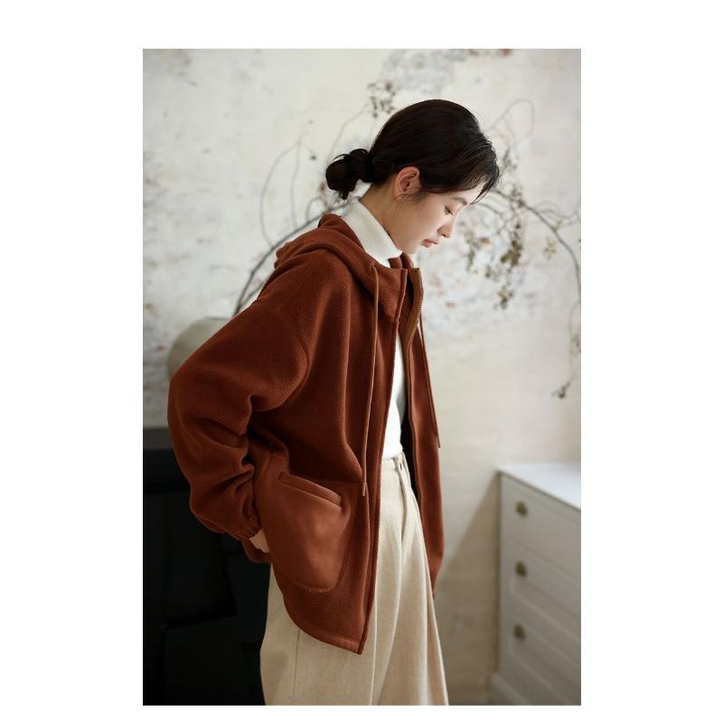 Women Hooded Fleece Jacket Thin Lined Loose Fit Solid Color Casual Korean Fashion Spring Autumn Sweatshirt