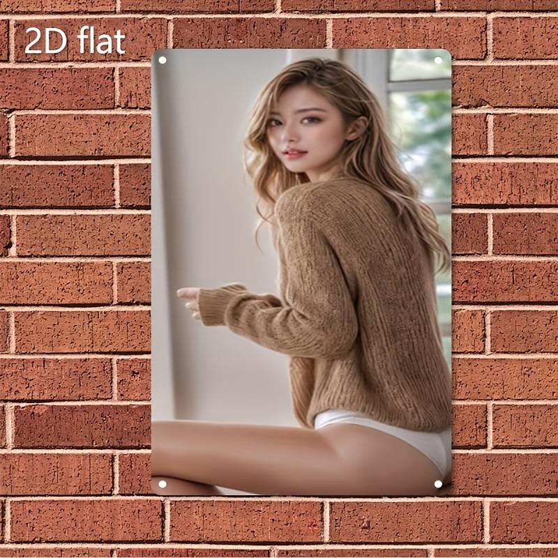 Beige Metal Wall Art Woman - Durable 2D Decor for Home, Cafe, Bar