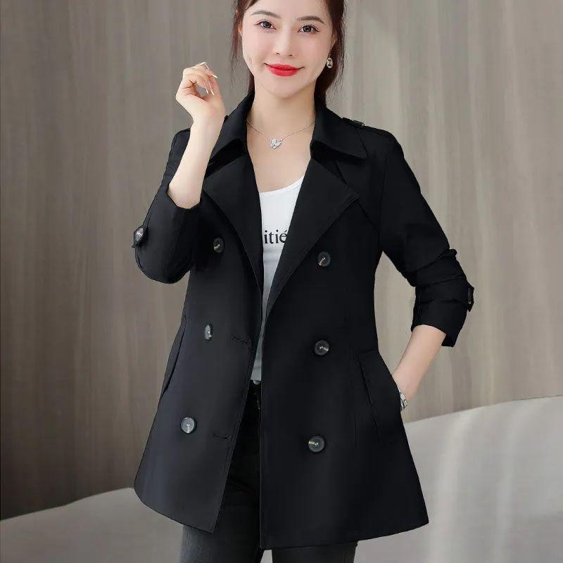 

Женская куртка весна длинные рукава воротник стойка повседневная ветровка женская двубортная с поясом верхняя одежда XS чёрный