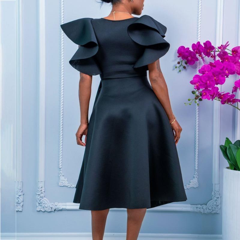 Womens Elegant Ruffle Sleeve Waist Tie A Line Midi Evening Dress
