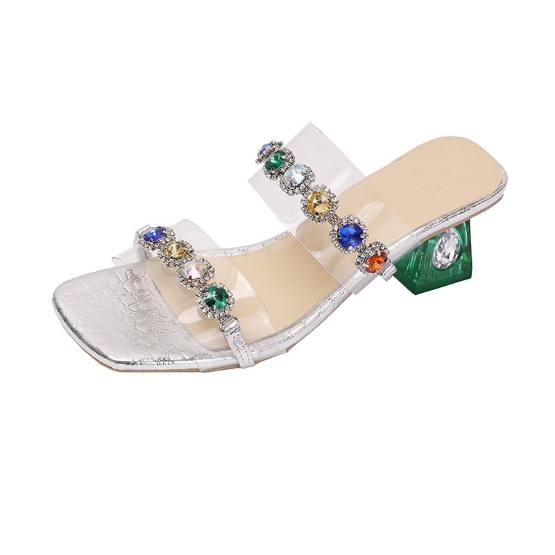 Summer Wear Square Head Colorful Rhinestone Block Heel Open Toe Cool Drag with Skirt Beautiful Half Drag Woman