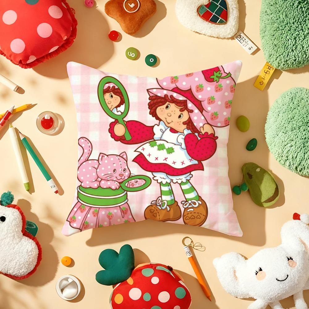 Strawberry S-Shortcake Girl Cushion Cover Plush Fabric Soft Double-Sided Printed Sofa Warm Winter Home Gift Pillow Cover
