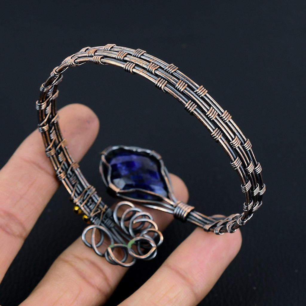 Blue Sapphire Bangle, Handmade Gemstone Bangle, 999 Copper Wire Wrapped Antique Jewelry, For Engagement Gift