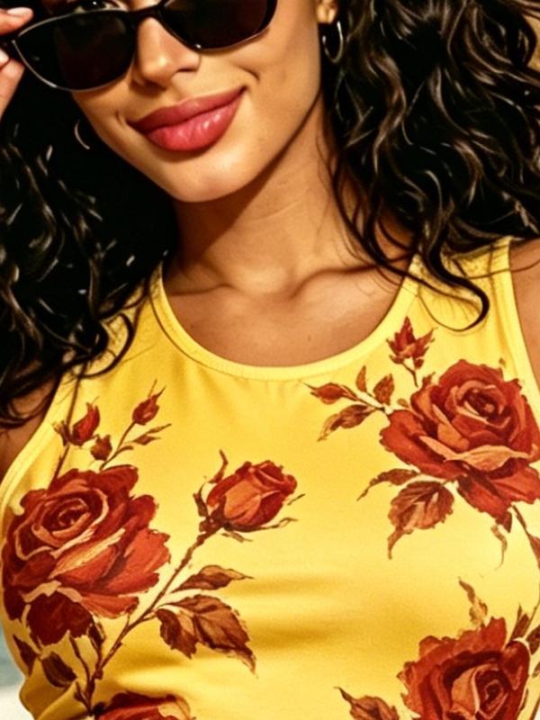 Retro Rose Floral Sleeveless Bodycon Mini Dress, Round Neck Slim Fit Casual Vacation Cover-Up