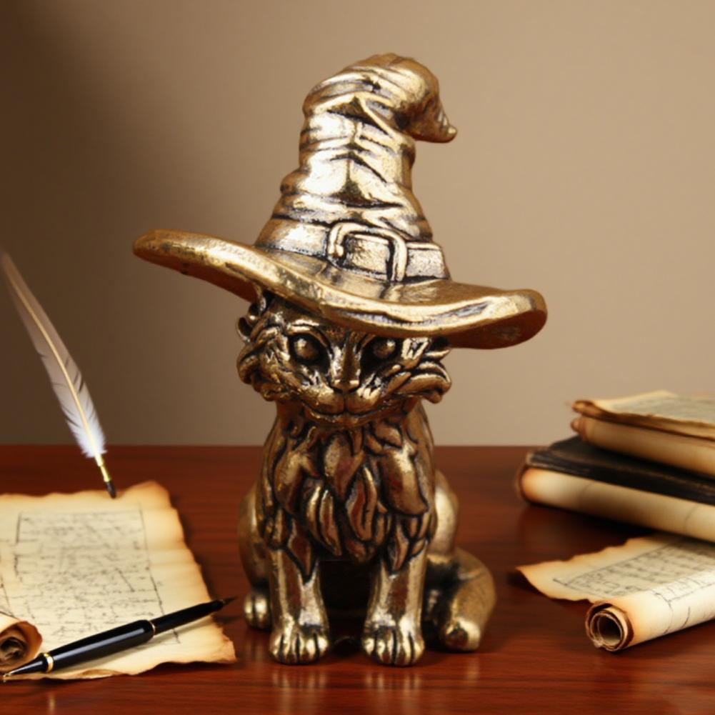 Demon Cat Ornament Retro Brass Cat Sculpture Enchanting Retro Cat Witch Ornament with Hat Solid Brass Sculpture for Desktop