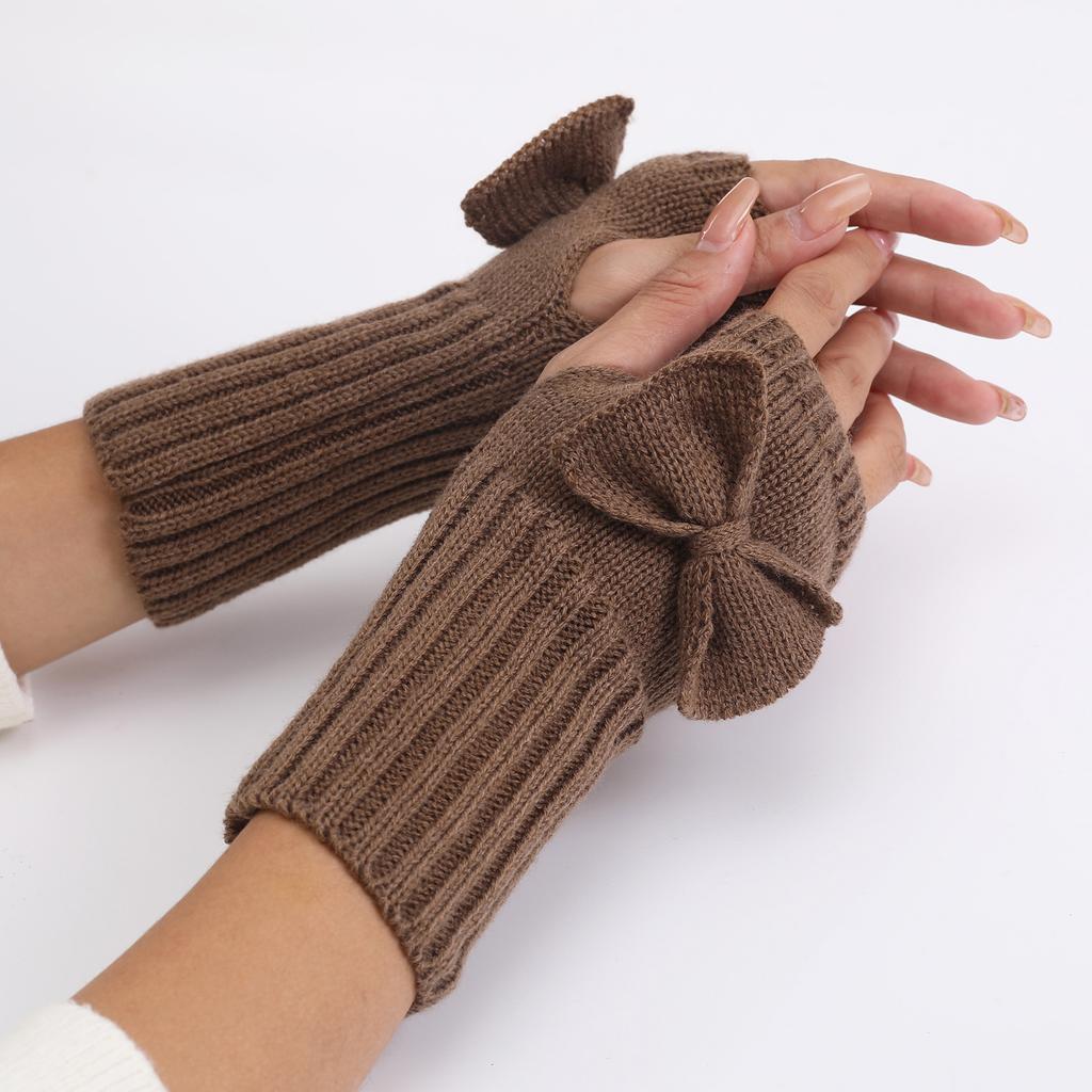Short Bow Gloves New Autumn and Winter Girls' Cute Wrist Guards  Knitted Woolen Warm Finger Exposing Sleeves