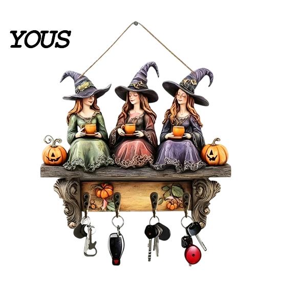 Dunkle Ästhetik Wandkunst Halloween Eingangsbereich Schlüsselhalter mit 4 Haken, Hängendes Holzschild, Montage Partyzubehör-Regal für Schlüssel Taschen Und Leinen,