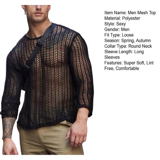 Men Mesh Top See Through Long Sleeves Round Neck Hollow-out Sexy Dress Up Polyester Men Bottoming Shirt Knitted Mesh Top Clothing for Male