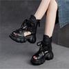 Johnature Retro Hollow-out Peep Toe Roman Sandals Fashionable Front Lace Up Women's Platform Shoes