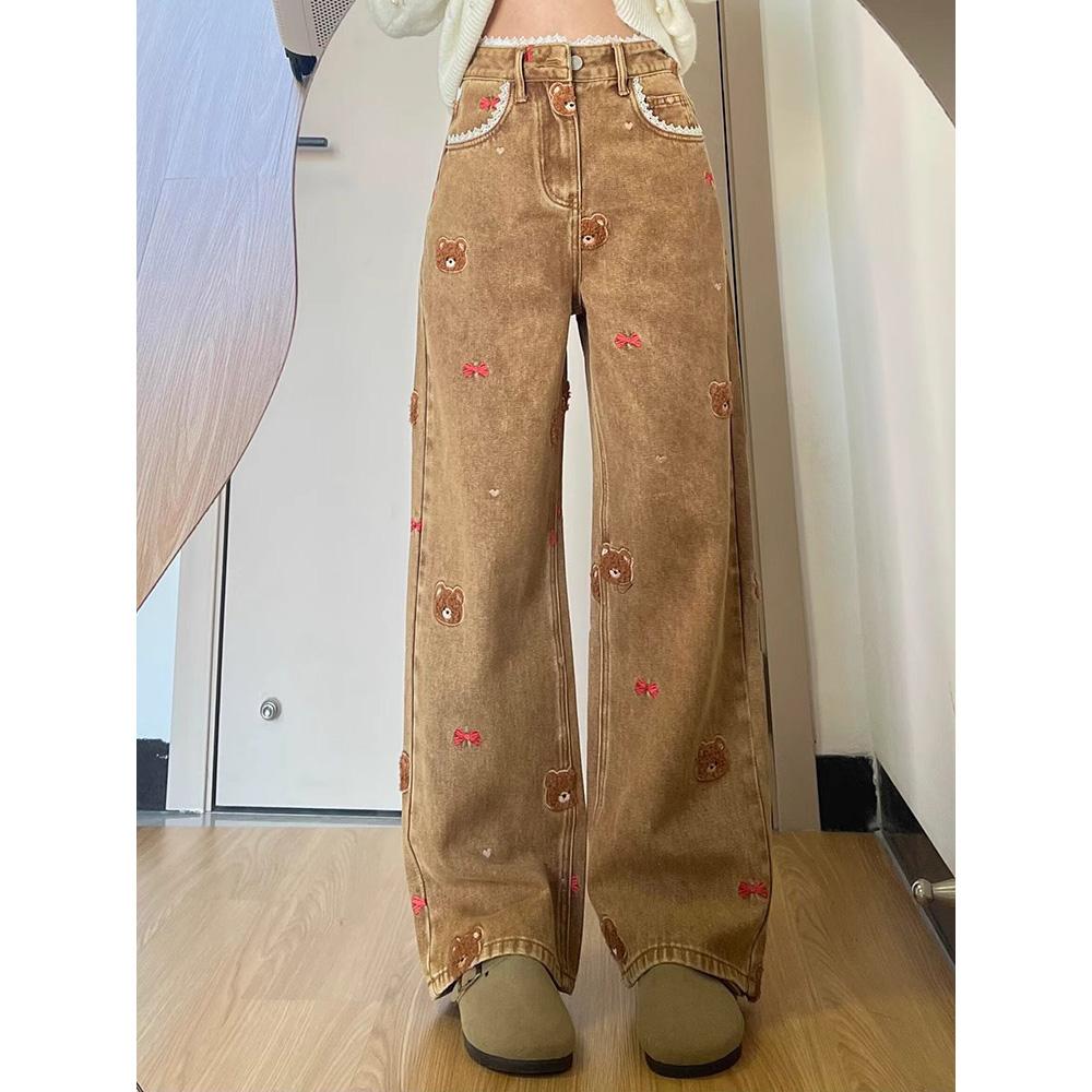 Lace Teddy Bear Embroidered Patchwork Design Wide Leg Jeans Spring High Waisted Fit Slimming Casual Jeans for Commuting