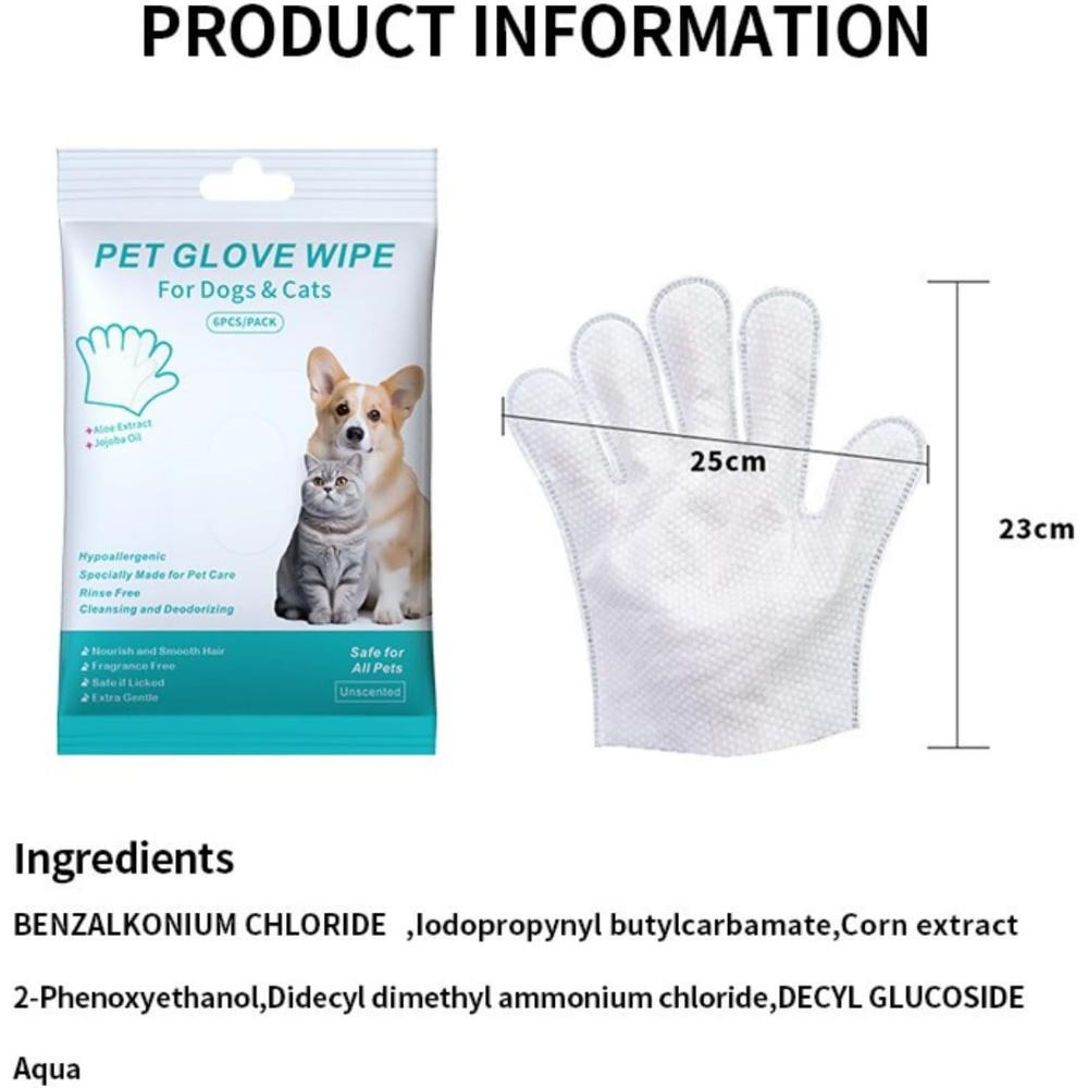 Pet Glove Wipes – 6 PCS Cleaning Gloves for Dogs & Cats, Grooming Wipes for Fur, Face, Ears, Eyes, and Paws, No-Rinse