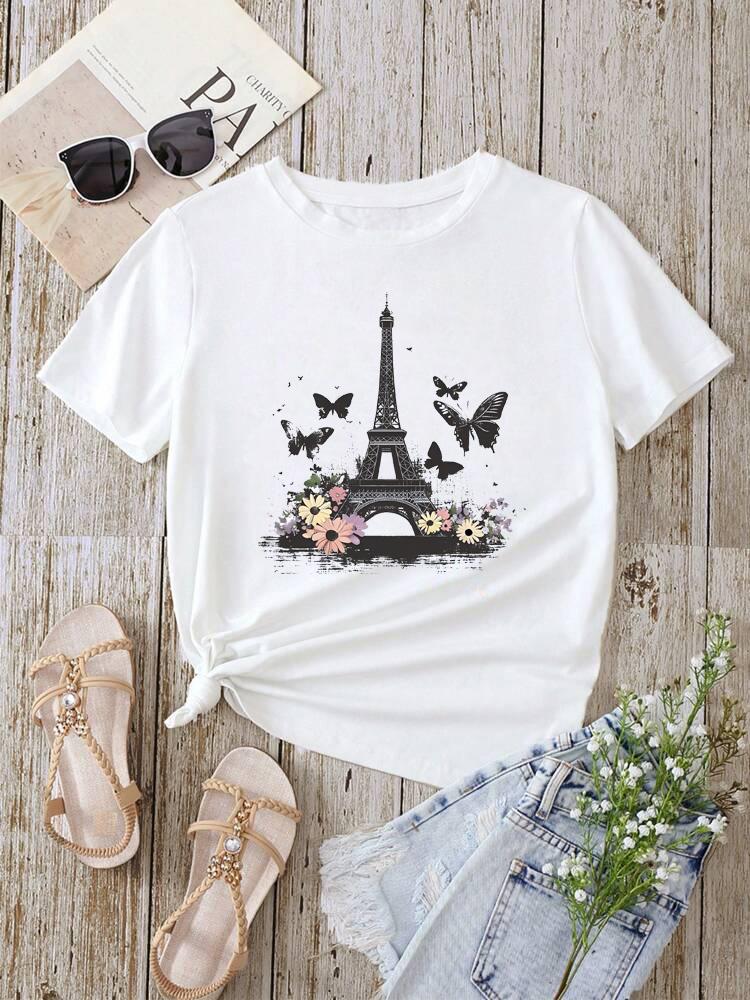 Fashion Eiffel Tower Floral Print Women Summer T Shirt Girl O Neck Funny Y2K Tops Tee Female 90s Casual Clothing
