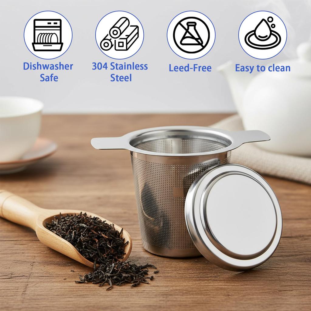 2-Pack 304 Stainless Steel Tea Infuser Extra Fine Mesh Loose Leaf Strainer with Lid  Dual Handles Large Capacity Reusable Tea Filter Basket