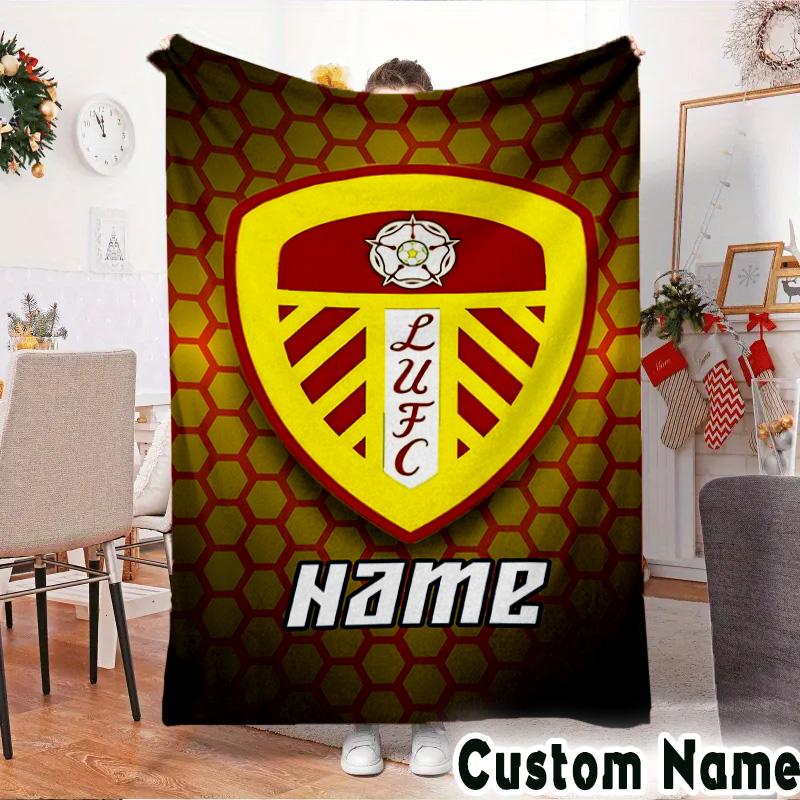 Custom Name Leeds Football Crest Throws Blanket Flannel Blankets for Couch Bed Gifts for Men Women Picnic blanket Christmas fan gifts