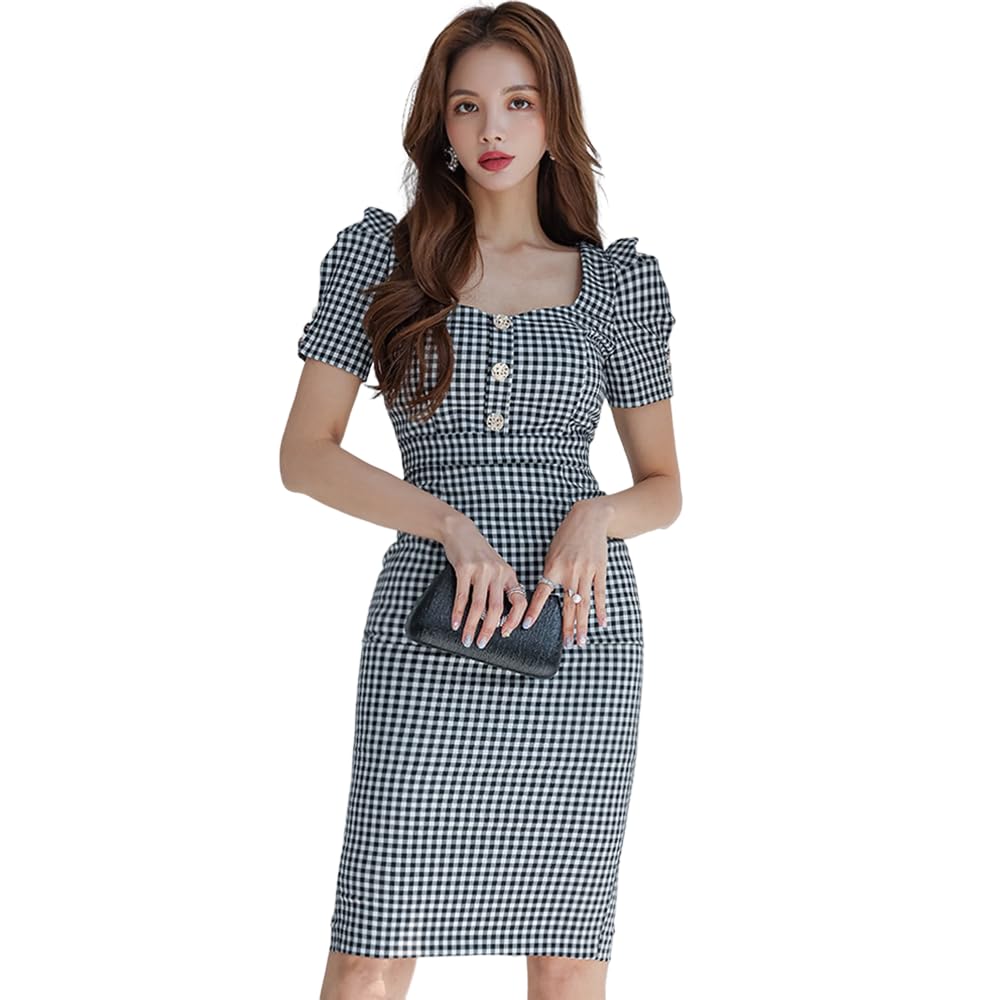 GRAXIA Cabaret Midi Perfect for Hostess and Short Checked Square Puff Black and Size M Dress, Dress, High-Waisted, Hostesses, Clubs, Lounges, Sleeves,