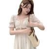 Embroidery Fabric Chiffon Inner One French Gentle Wind Design Bubble Sleeve Embroidery Cake Dress Dress Women's Clothing