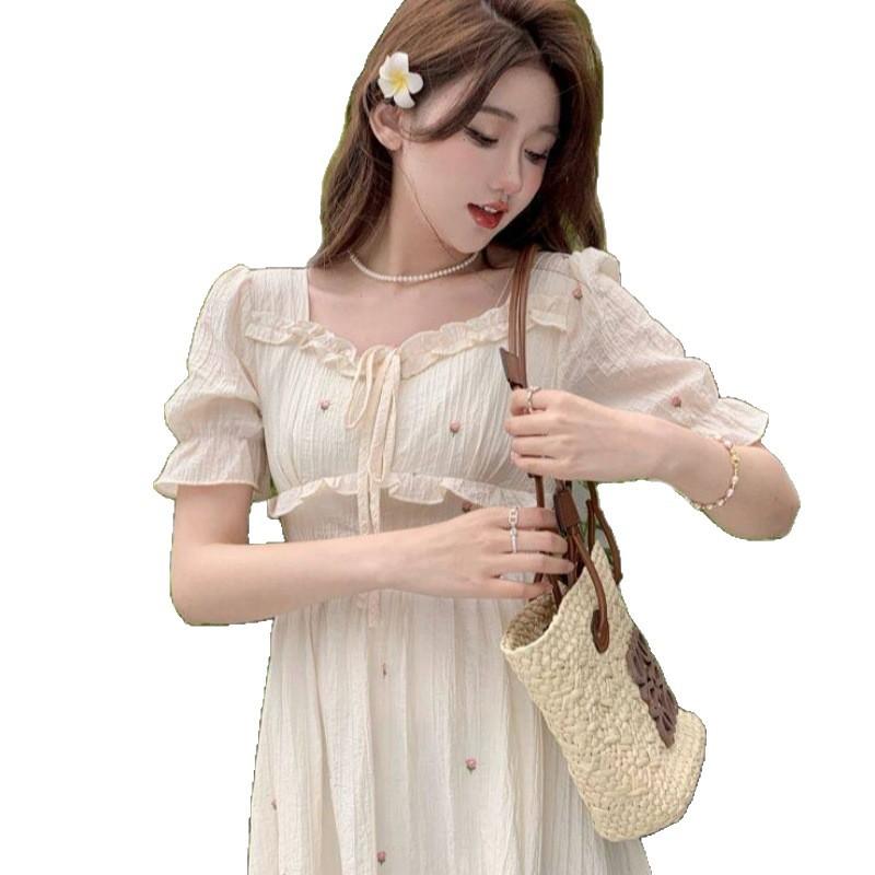 Embroidery Fabric Chiffon Inner One French Gentle Wind Design Bubble Sleeve Embroidery Cake Dress Dress Women's Clothing