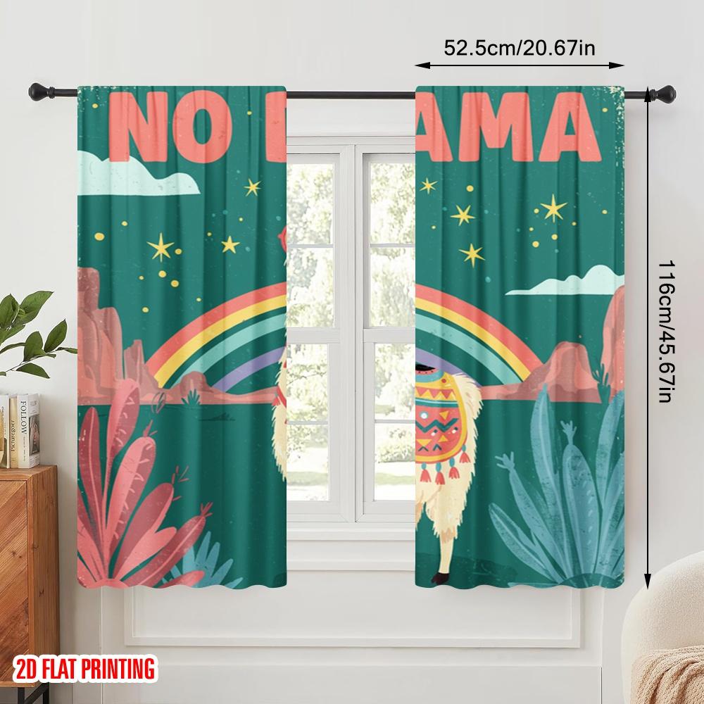 2pcs 2D Flat Printing Curtain Llama No Drama Polyester Without Electricity Festive Holiday Perfect for Holiday Celebrations