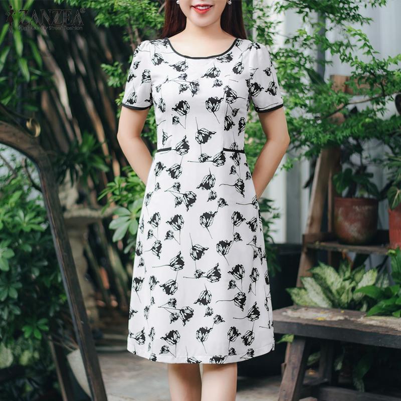 

ZANZEA Женское повседневное летнее платье с круглым вырезом и коротким рукавом с принтом M