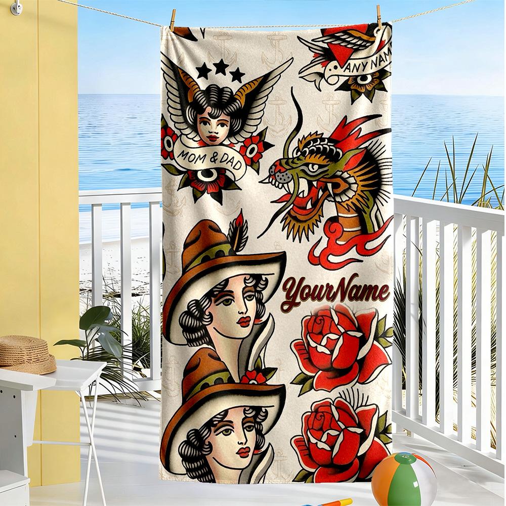 Tattoo Style Customizable Name Beach Towel High Absorbency & Quick-Dry Perfect for Traveling Yoga Camping and Swimming