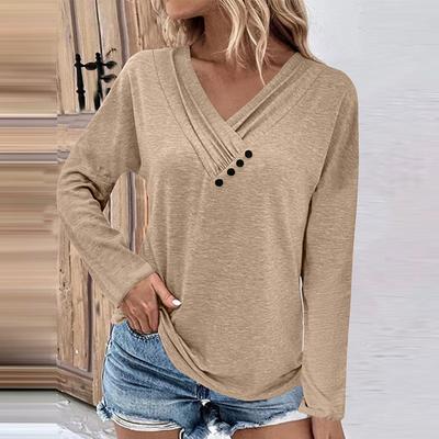 Women's  Tops Fashion Casual Solid Color Chest Panel Ruched Button V Neck Long Sleeve Ladies Long Top