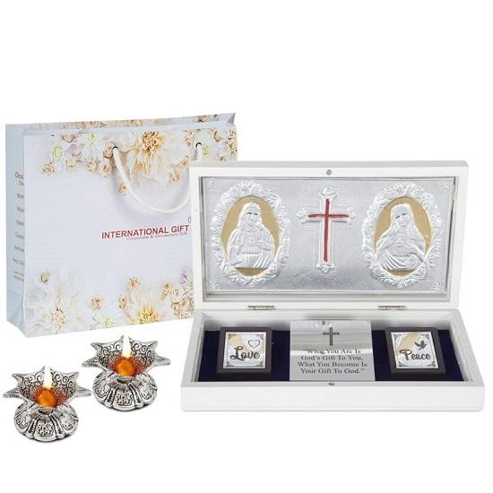 

Покрытый серебром идол Иисуса Бога с Чаран Падука с 2-частной коробкой для молитв Джьот, для подарков, Пуджа Мандир, домашний декор