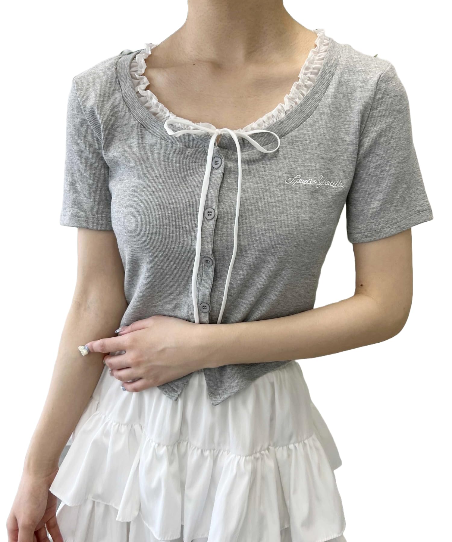 

WEGO PHILLY Кардиган серого цвета с оборками на шее и короткими рукавами, милый, женский, F, серый