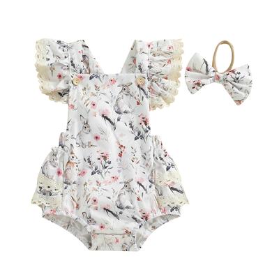 Baby Girls Easter Outfits Flower Bunny Print Lace Trim Flying Sleeve Spring Romper with Bow Headband 2 Pcs Set