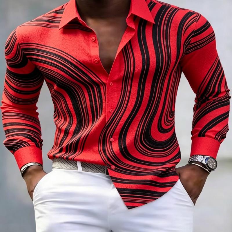 European American Trendy Men Abstract Swirl Stripe Printed Long Sleeve Shirts Spring Autumn Soft Stretch Silky Fabric Lapel Butt