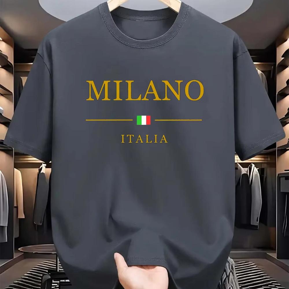 Mens Summer Cotton Fashionable Casual Loose Plus Size MILANO ITALIA Pattern Printed Sports Round Neck Short Sleeved Tshirt