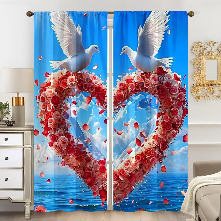 2PCS blue background   red rose   white dove curtains   romantic and festive   bedroom and living room   drawbar pocket style
