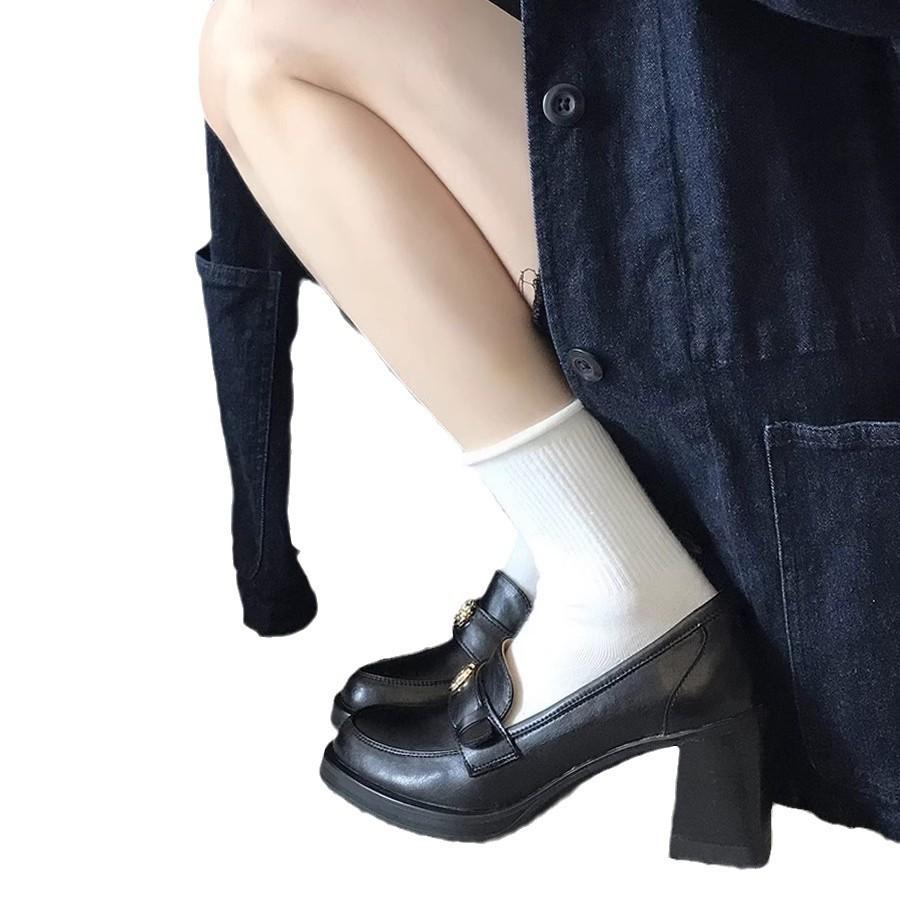 High sense!! Camellia loafers women's 2025 new French thick heel black high heel British style small leather shoes