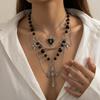 Multi Layer Black Beaded Cross Bat Heart Star Gothic Stacked Clavicle Necklace For Women