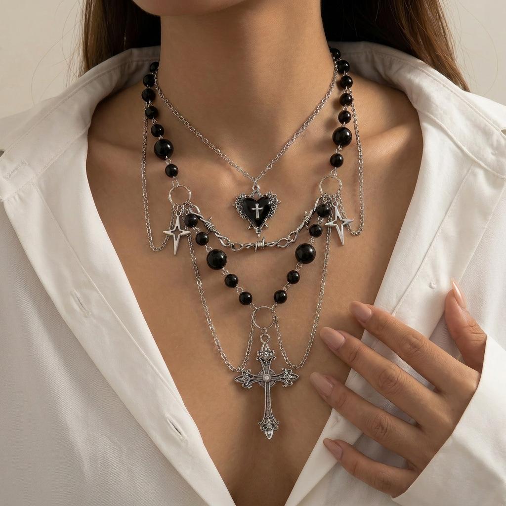 Multi Layer Black Beaded Cross Bat Heart Star Gothic Stacked Clavicle Necklace For Women